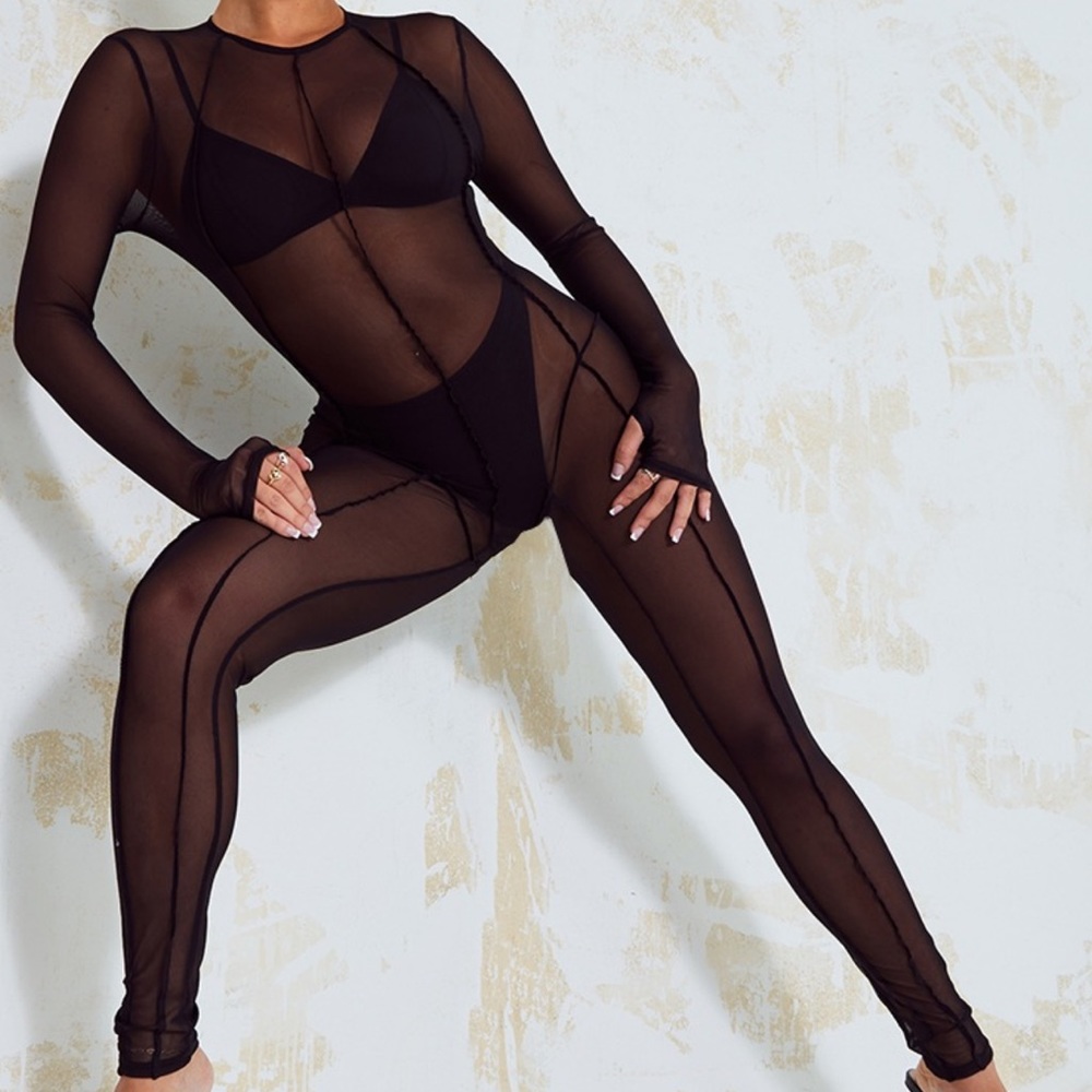 Black Mesh Seam Detail Jumpsuit